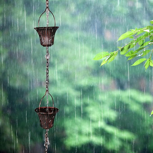 Invech Adjustable Rain Chains for Gutters, 12.5FT Outside Rain Chains with 12 Cups, Bronze Rain Catcher Chain with Bell for Eaves Drainage, Replacement for Downpout