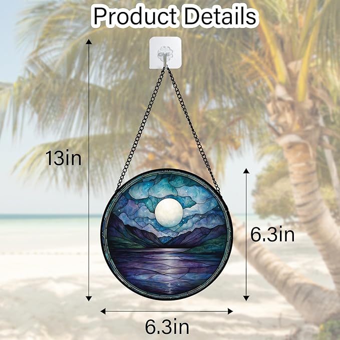 DASTOLL Stained Glass Window Hanging, Blue Night Moon Lake Sun Catchers Colorful Glass Panel Landscape Suncatcher Decor for Birthday for Women, Men, Wife, Aunt, and Mom 6.3 in