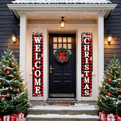 Ivenf Outdoor Christmas Decorations Yard: Red Black Buffalo Plaid Front Porch Sign Set, Hanging Welcome Merry Christmas Decorations for Home, Indoor Outdoor New Year Xmas Wall Front Door Yard Décor