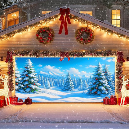 IVN Christmas Garage Door Cover Decoration 13x6ft Snow Covered Pine Trees Blue Mountain Forest Scene Merry Christmas Winter Garage Door Banner Home Door Front Yard Decor for Xmas Eve Holiday Outdoor