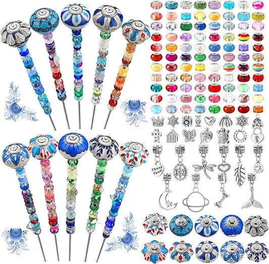 Silipull 255 Pcs 14 Inch Christmas Garden Stakes Decorative Blue and White Porcelain Ceramic Round Beaded Garden Stakes Decor Fairy Sticks for Indoor Outdoor Yard Lawn Pathway Patio Decoration