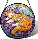 Stained Glass Window Hanging Sleeping Orange Cat Large 15" - Memorial Gift Suncatcher Door Sun Catcher Decor Birthday Christmas for Lost Pets Mom Men Woman Friend