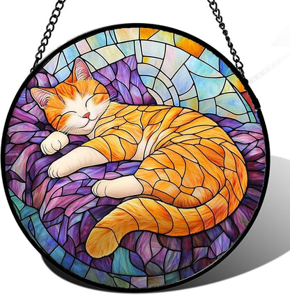 Stained Glass Window Hanging Sleeping Orange Cat 7.8" - Memorial Gift Suncatcher Door Sun Catcher Decor Birthday Christmas for Lost Pets Mom Men Woman Friend