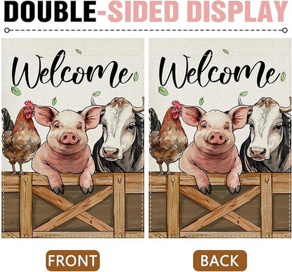 Dyrenson Welcome Farm Animals Decorative Garden Flag, Pig Cow Rooster Yard Outside Home Decoration, Farmhouse Burlap Outdoor Small Decor Double Sided 12 x 18