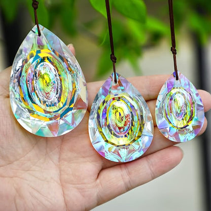 Window Hanging Crystal Prisms Sun Catcher AB Coating Rainbow Maker Glass Prisms Hanging Suncatcher Pendant for Home Garden Decor,76mm/63mm/50mm Chandelier Prism Parts, Pack of 3