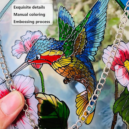 Hummingbird Stained Glass Window Hangings,Suncatcher for Window, Hummingbird and Flowers Hanging Ornament, Stained Glass Panel Home Decorations for Indoor Outdoor
