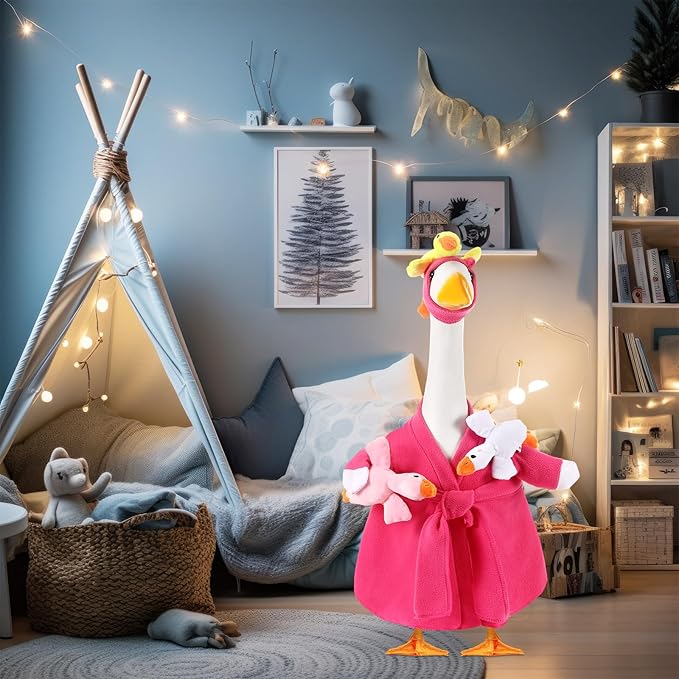 Shyyween Mommy and Baby Porch Goose Outfit for 23'' Cement Statue Silly Geese Clothes Hot Pink Bathrobe with Baby Geese for Outdoor Garden Yard Lawn Patio Duck Decoration