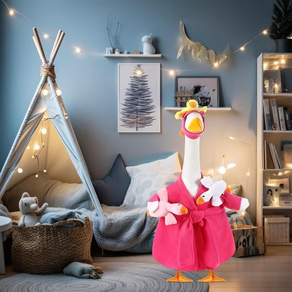 Shyyween Mommy and Baby Porch Goose Outfit for 23'' Cement Statue Silly Geese Clothes Hot Pink Bathrobe with Baby Geese for Outdoor Garden Yard Lawn Patio Duck Decoration
