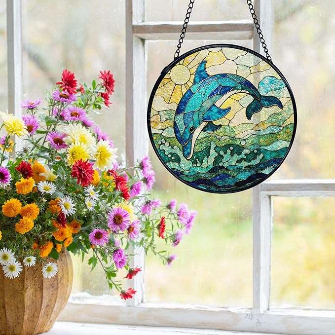 Dolphin Suncatchers Stained Glass Window Hanging, Beach Dolphin Gifts for Women, Coastal Ocean Sun Catchers Indoor Window Glass Round Wall Decor, Beachy Wall Hanging, 7.9x7.9in