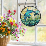 Dolphin Suncatchers Stained Glass Window Hanging, Beach Dolphin Gifts for Women, Coastal Ocean Sun Catchers Indoor Window Glass Round Wall Decor, Beachy Wall Hanging, 7.9x7.9in