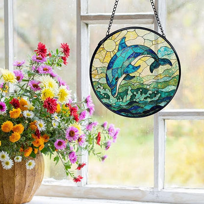 Dolphin Suncatchers Stained Glass Window Hanging, Beach Dolphin Gifts for Women, Coastal Ocean Sun Catchers Indoor Window Glass Round Wall Decor, Beachy Wall Hanging, 7.9x7.9in