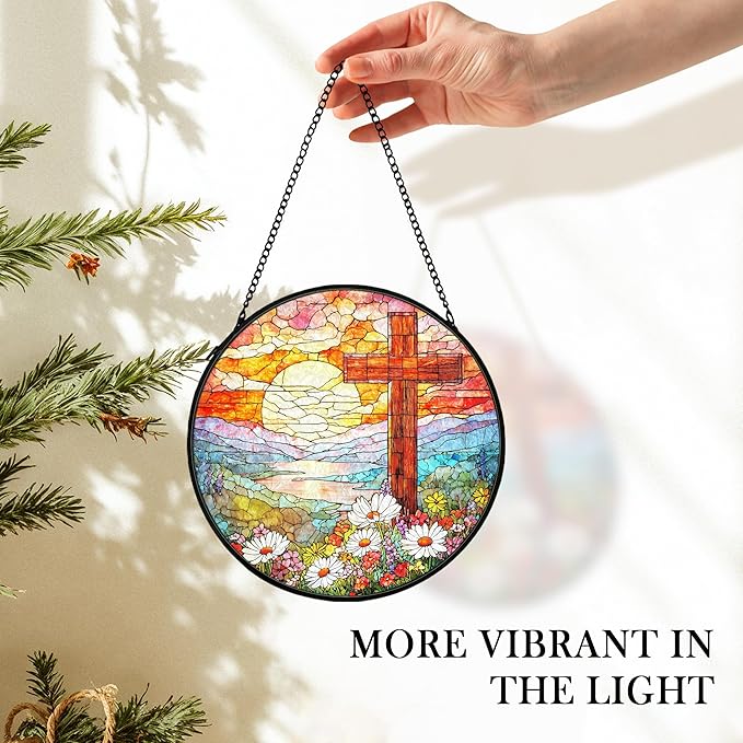 Christian Suncatcher Stained Glass Cross Window Hanging Decor, Christmas Religious Gifts for Women, Easter Landscape Sunrise Mountain Cross Garden Lawn Sun Catchers for Window Hanging,7.9x7.9In
