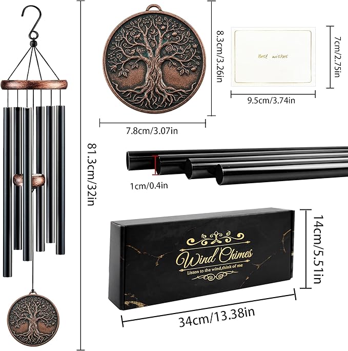 Tree Wind Chimes for Outside, Gift for Men Women, 32in Resin 3D Tree Relief Windchimes for Patio Yard Garden Decor, Mother's/Father's Day Present