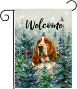 Welcome Winter Garden Flags Basset Hound Garden Flag Cardinal Birds on Snowy Pine Tree Flag Dog Yard Flags for Outside 12x18 Double Sided Christmas Decorative
