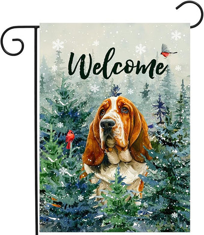 Welcome Winter Garden Flags Basset Hound Garden Flag Cardinal Birds on Snowy Pine Tree Flag Dog Yard Flags for Outside 12x18 Double Sided Christmas Decorative