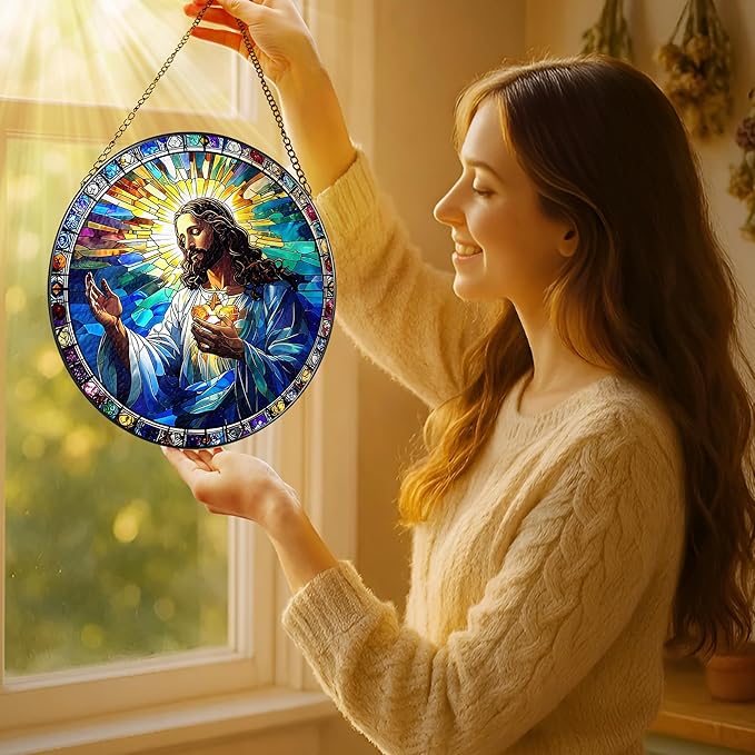 8'' Jesus Christ Suncatcher Ornament, Stained Glass Window Hanging, Christian Home Decor, Religious Decor, Gifts for Christian, Gifts for Christmas, Religious Gift