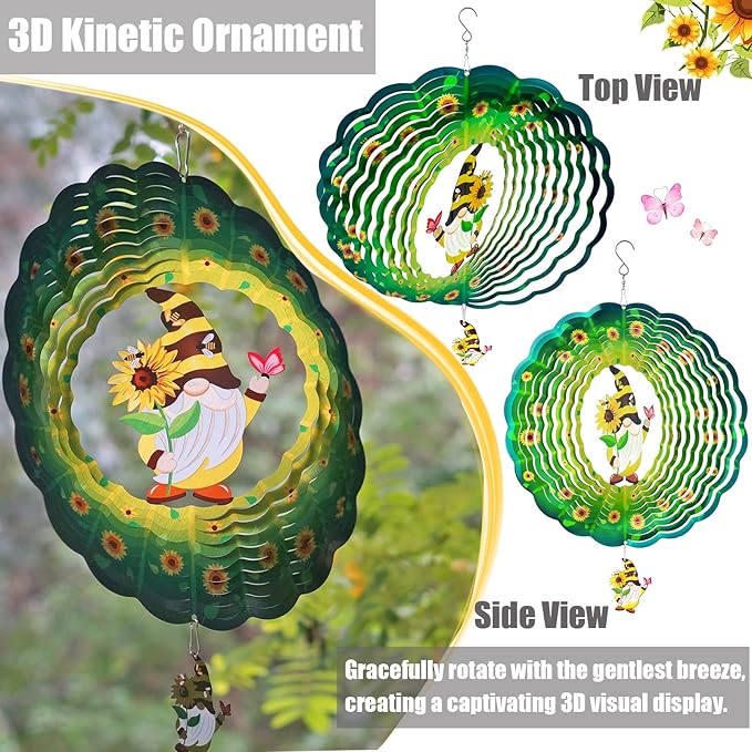 Sunflower Gnome Wind Spinners for Yard and Garden,12 Inch 3D Stainless Steel Hanging Kinetic Yard Art Wind Sculpture, Kinetic Art Garden Decor for Christmas Outdoor & Indoor