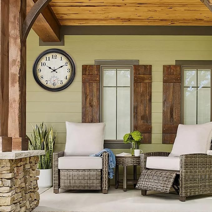 Large Outdoor Clocks Waterproof with Thermometer Combo Vintage Wall Clock Decor for Bathroom Patio Pool Garden(16 Inch)