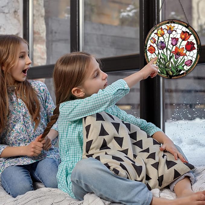 Tulip Stained Glass Window Hanging Botanical Sun Catcher Decor Tulip Lover Gifts for Women Christmas Suncatchers for Home Windows Hanging Decoration, 7.87inch