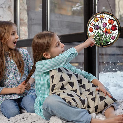 Tulip Stained Glass Window Hanging Botanical Sun Catcher Decor Tulip Lover Gifts for Women Christmas Suncatchers for Home Windows Hanging Decoration, 7.87inch