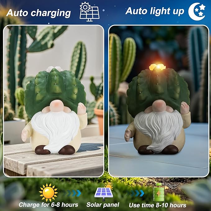 Etlemonde Solar Cactus Gnome Statue Garden Decor Light - Outdoor Decorative LED Flower, Suitable for Patio, Lawnand Garden Decorations, Gifts for Mom