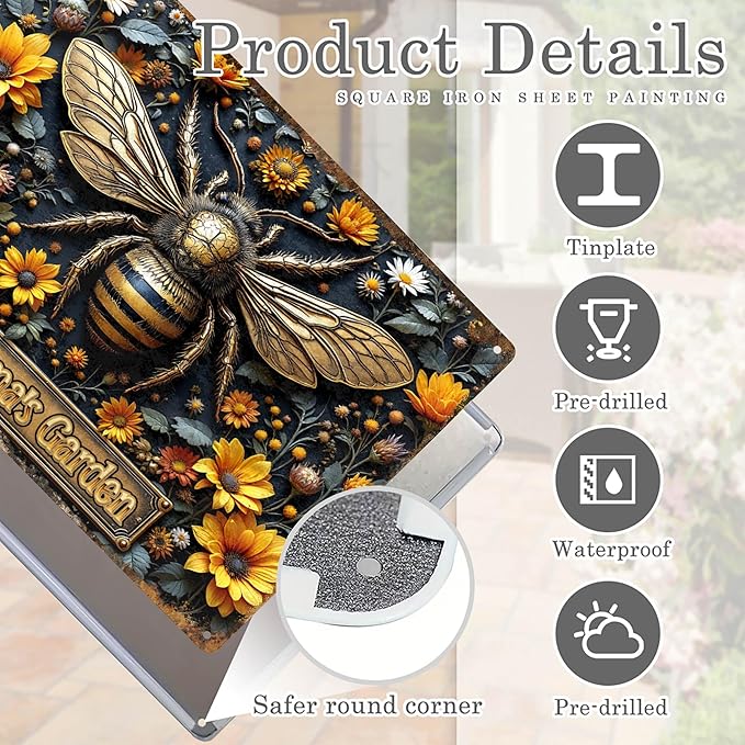 Custom Garden Signs Personalized Metal Tin Sign for Women, Bee Metal Sign for Outdoor, Patio, Yard Rustic Home Decor Gift for Mothers Day, Grandmas, and Gardening Lovers