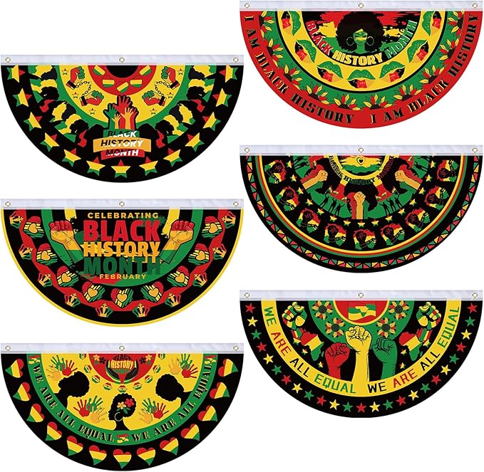 6 Pcs Juneteenth Bunting Flag African Americans Garden Fan Flag Juneteenth Half Fan Banner Decoration for June 19th Memorial Day Holiday Indoor Outdoor Yard, 1.5 x 3 ft