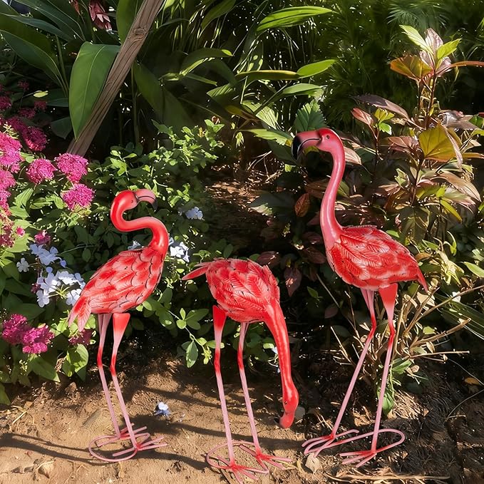 XONOR 3Pcs Flamingo Garden Statues Metal Flamingo Yard Art Outdoor Statues Sculptures for Home Patio Lawn Backyard Décor(Pink&Red)