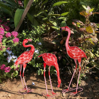 XONOR 3Pcs Flamingo Garden Statues Metal Flamingo Yard Art Outdoor Statues Sculptures for Home Patio Lawn Backyard Décor(Pink&Red)