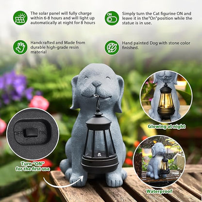 Solar Dog Garden Statue with Lantern, Outdoor Waterproof Dog Figurine Decor for Patio Yard Lawn, Birthday Garden Gifts for Women Mom Grandma, Housewarming Gift New Home