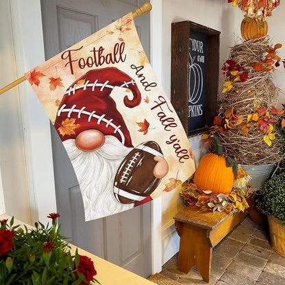 Heyfibro Football and Fall Y'all Gnome Garden Flag 28x40 Double Sided Burlap, Maple Leave Rugby Sports Events Yard Flags for Thanksgiving Rustic Seasonal Autumn Outdoor Decoration (ONLY FLAG)