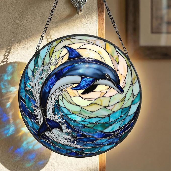 Dolphin Stained Glass Suncather for Window Hanging with Ocean Wave, 9'' Blue Dolphin Ornament Gift for Women, Ocean-Themed Home Decor Gift for Beach & Sea Lovers (Blue Dolphin, 9'')
