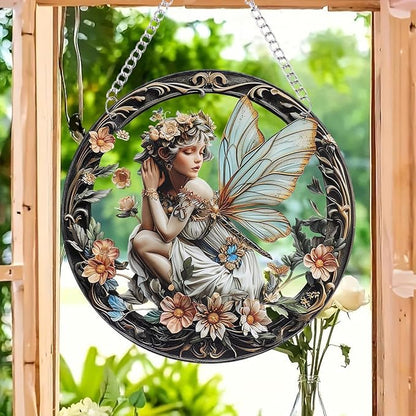 1PC Flower Fairy Acrylic Stained Glass Suncatcher Nature Round Flowers and Girls Suncatcher Hanging Decoration with Metal Chain-SunCatchers for Window Decor Outdoor Garden Decor Gift (B)