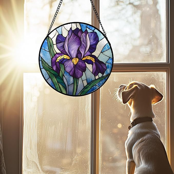 Stained Glass Window Hanging - Iris Birth Flower Suncatcher for Doors Garden Yard Purple Blue Sun Catchers Decor Christmas Mother's Day Birthday Gifts for Teacher Women Mom Nana 9.8 in