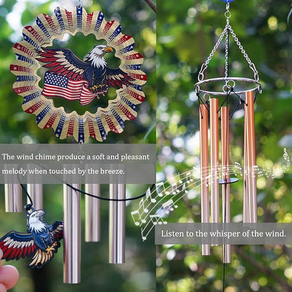 Wind Chimes with American Flag Eagle 3D Display Wind Spinner for Outside Garden Patio Yard Decor, Metal Windchimes Outdoor Hanging Decoration for Memorial Day Independence Day Patriotic