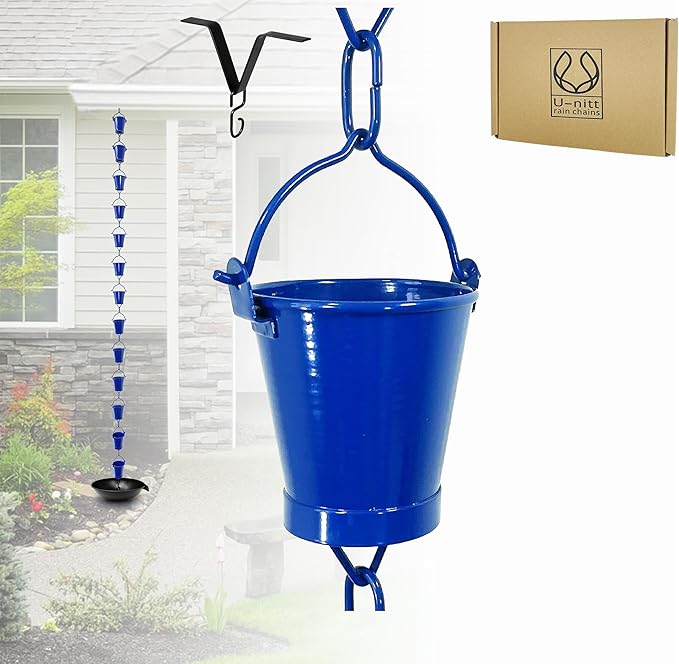 U-nitt Rain Chain Water Collection for Gutters Rainwater Catcher & Diverter, 8.5 FT Chains for Outside Garden, Blue Bucket Cups, Roof Downspout, Works with Heavy Rain, w/Gutter Clip for Rainchains
