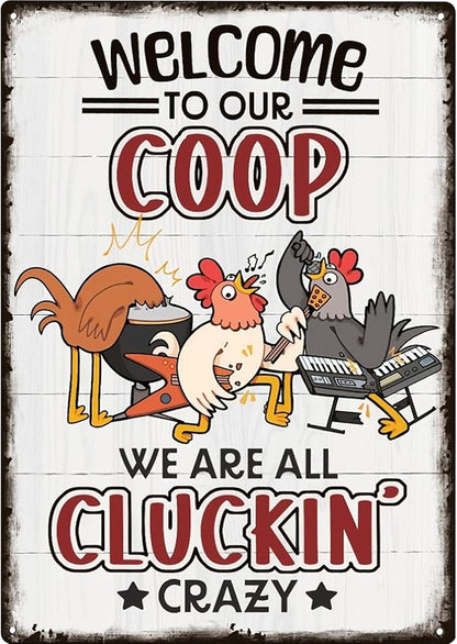 Welcome To Our Coop Funny Chicken Sign-Funny Metal Chicken Tin Sign for Home Farm Chicken Coop Farmhouse Kicthen Garden Decor 8 X 12 Inch