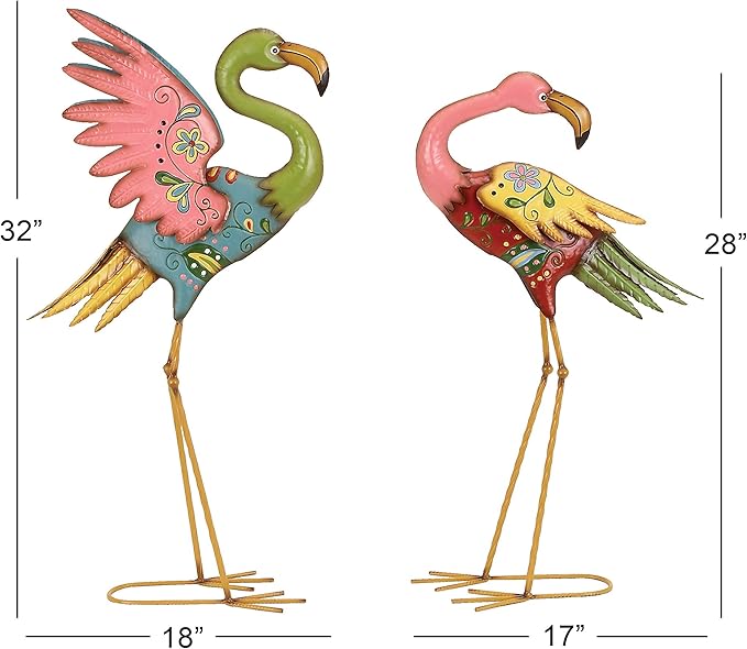 Deco 79 Metal Flamingo Decorative Garden Sculpture Indoor Outdoor Embossed Standing Garden Statues with Coiled U Shaped Feet, Set of 2 Outdoor Sculptures 28", 32"H, Multi Colored