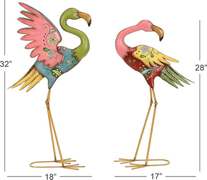 Deco 79 Metal Flamingo Decorative Garden Sculpture Indoor Outdoor Embossed Standing Garden Statues with Coiled U Shaped Feet, Set of 2 Outdoor Sculptures 28", 32"H, Multi Colored
