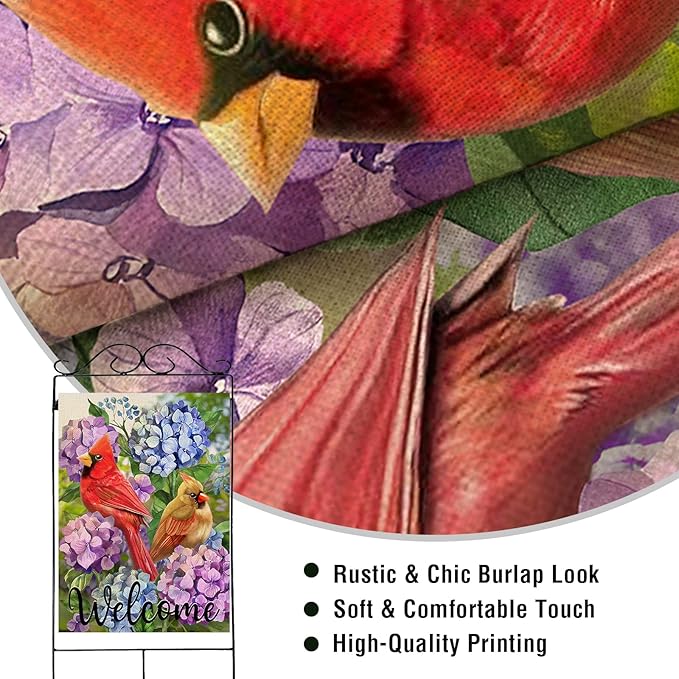 Artofy Welcome Summer Cardinal Red Birds Large Decorative House Flag, Hydrangea Flowers Yard Garden Outside Decor, Spring Floral Burlap Outdoor Home Decoration Double Sided 28 x 40