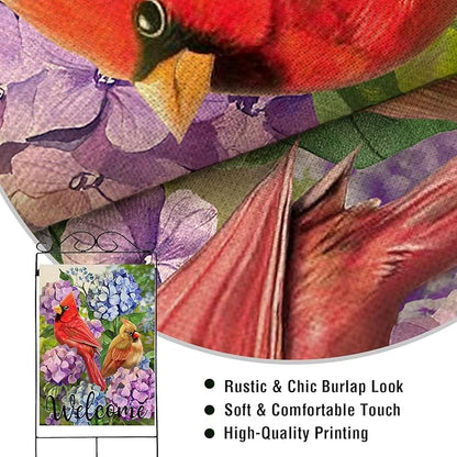 Artofy Welcome Summer Cardinal Red Birds Large Decorative House Flag, Hydrangea Flowers Yard Garden Outside Decor, Spring Floral Burlap Outdoor Home Decoration Double Sided 28 x 40
