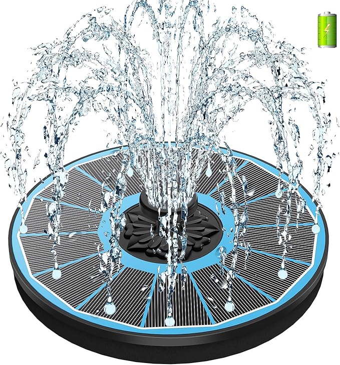 SZMP Solar Fountain for Bird Bath, Working On Cloudy Day Solar Water Fountain with 3.5W Glass Solar Panel 2000mAh Battery 4 Fixer 7 Nozzles Solar Fountain Pump(Blue Solar Panel)