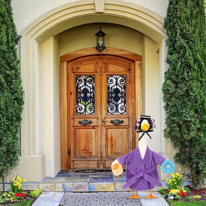 Shyyween Lady Porch Goose Outfit for 17'' Cement Plastic Lawn Goose Statue Clothes Purple Bathrobe Coffee Cup Curlers for Outdoor Garden Yard Patio Decoration