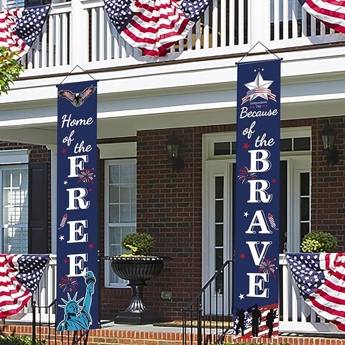 4th of July Patriotic Banner Decor - Independence Day Porch Sign - Memorial Day Hanging Banners Porch Decorations for Front Door Outside Yard Garden Party Supplies