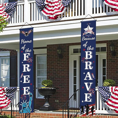 4th of July Patriotic Banner Decor - Independence Day Porch Sign - Memorial Day Hanging Banners Porch Decorations for Front Door Outside Yard Garden Party Supplies