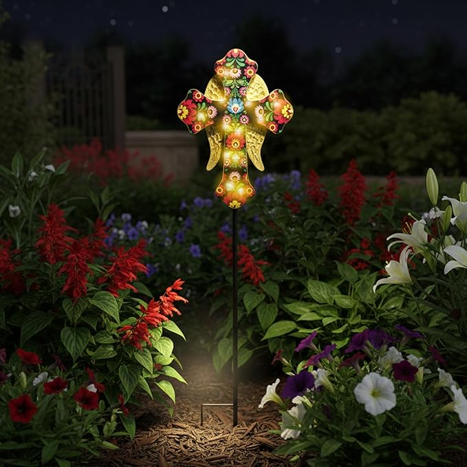 Solar Cross Lights with Angel Wings, Floral Design Outdoor Cemetery Decoration, Warm White LED Stake Light, Pink and Gold Glass Cross for Tombstone Memorial