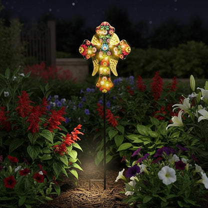 Solar Cross Lights with Angel Wings, Floral Design Outdoor Cemetery Decoration, Warm White LED Stake Light, Pink and Gold Glass Cross for Tombstone Memorial
