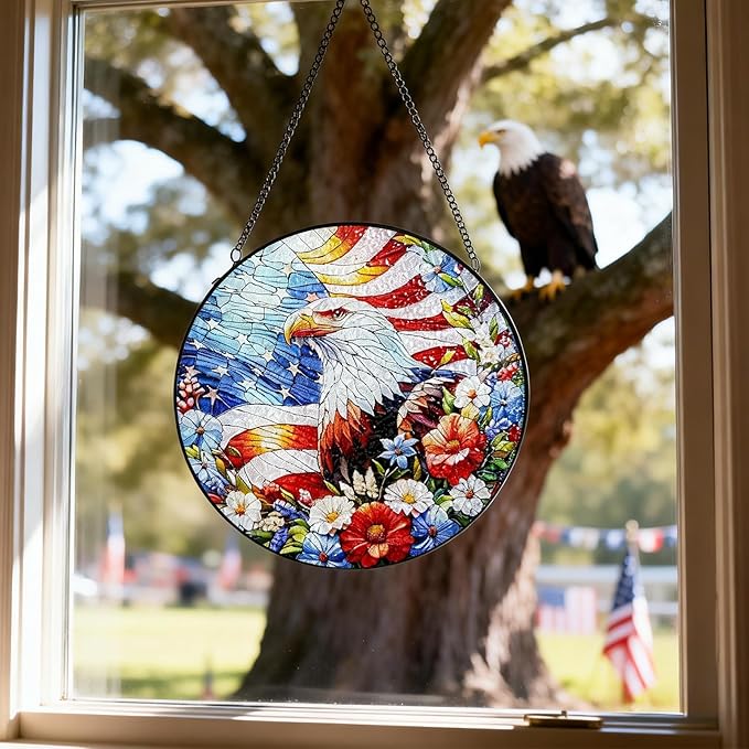 Stained Glass Window Hanging, 4th of July Patriotic Eagle Suncatcher, 250th Anniversary Ornament, Independence Day Decor for Home Garden Porch Patio, Birthday Housewarming Gift, 7.8 Inch