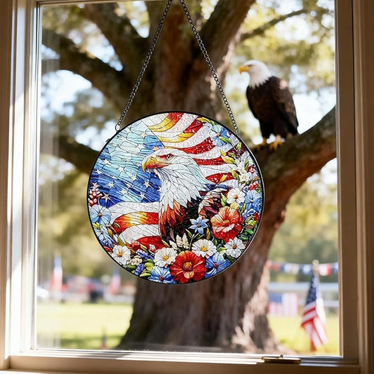 Stained Glass Window Hanging, 4th of July Patriotic Eagle Suncatcher, 250th Anniversary Ornament, Independence Day Decor for Home Garden Porch Patio, Birthday Housewarming Gift, 7.8 Inch