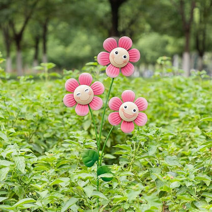 Glitzhome Happy Face Flower Yard Stake, 36”H Metal Flower Stakes with Triple Smiling Design, Iron Garden Yard Spring Decor or Wall Decor
